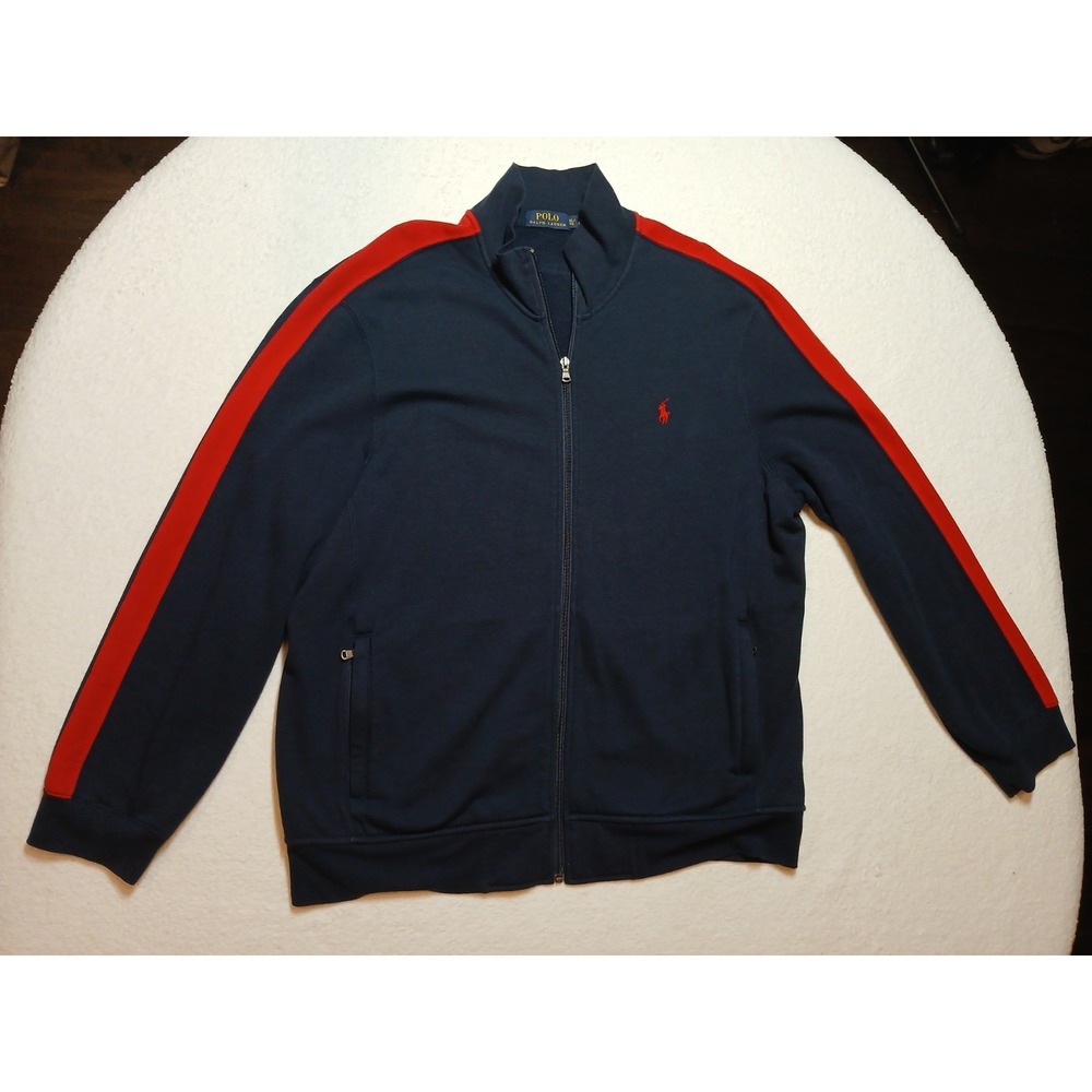 Polo by Ralph Lauren Vintage Men's XL Fleece Full Zip Knit Jacket Navy Blue Red
